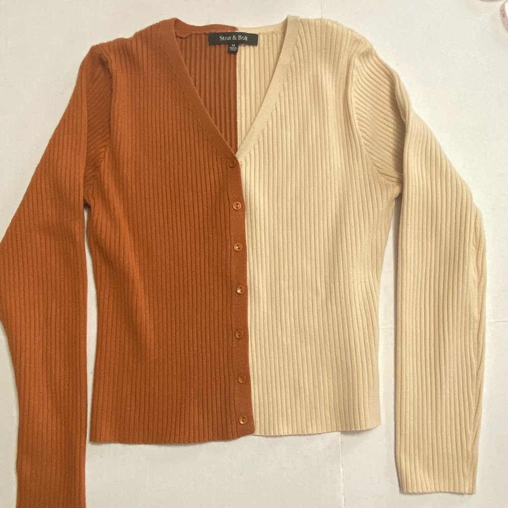 Strut & Bolt ColorBlock Ribbed Cardigan Sweater, Sz M, Color-Brown and Cream
